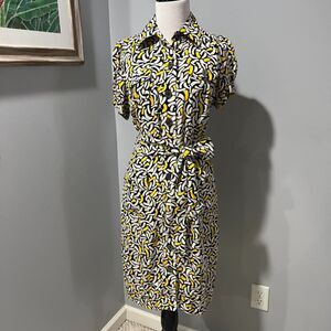 Diane Von Furstenberg Huahine Black Yellow Tie Belt Silk Midi Shirt Dress Size 6